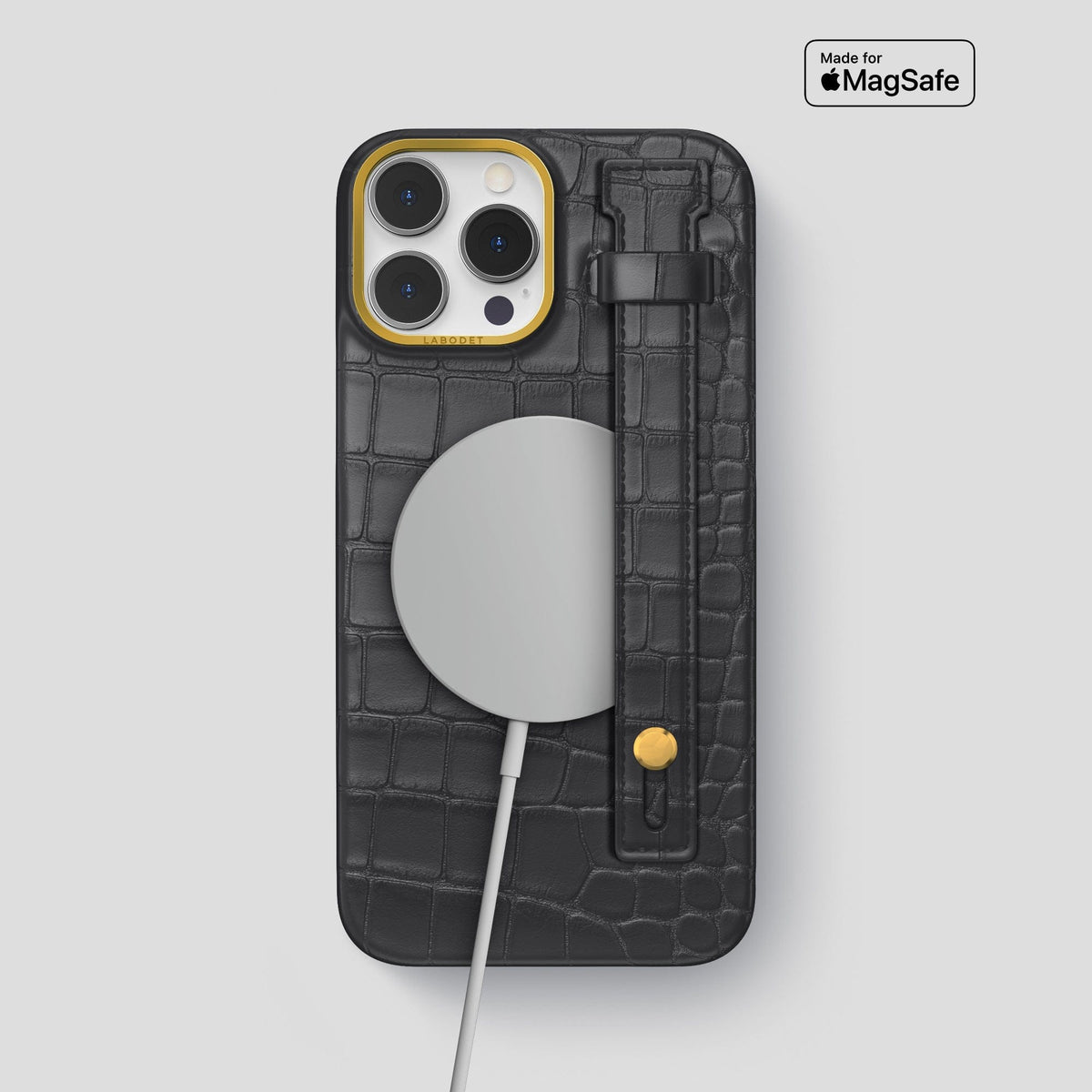 Grey iPhone 14 Pro Max Hand Strap Case Alligator with Gold Metal -4 | Grey-Gold