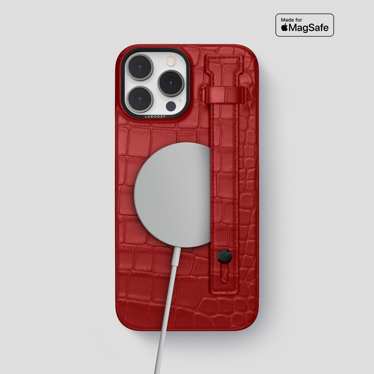 Red iPhone 14 Pro Max Hand Strap Case Alligator with Black Metal -4 | Red-Black