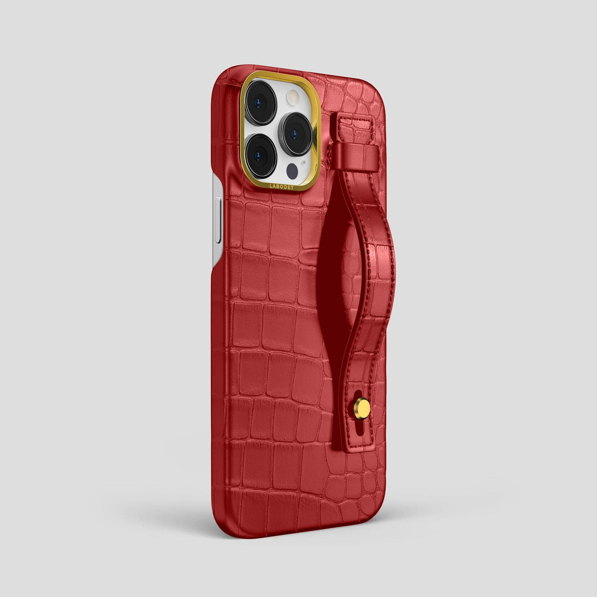 Red iPhone 14 Pro Max Hand Strap Case Alligator with Gold Metal -2 | Red-Gold