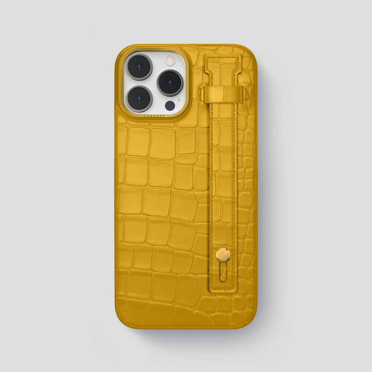 Yellow iPhone 14 Pro Max Hand Strap Case Alligator with Gold Metal -1 | Yellow-Gold
