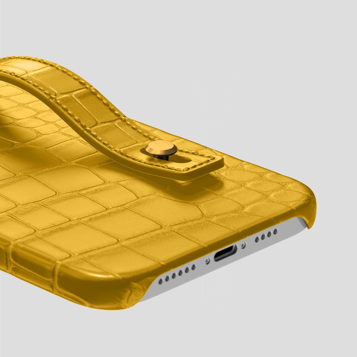 Yellow iPhone 14 Pro Max Hand Strap Case Alligator with Gold Metal -5 | Yellow-Gold