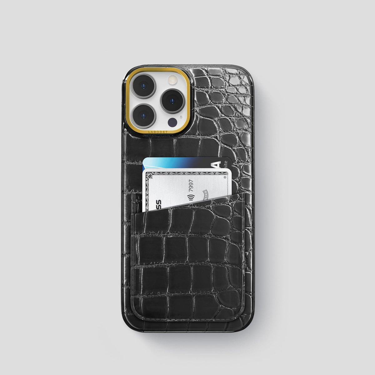 Havana-Black iPhone 13 Pro Card Case with Gold Metal -1 | Havana-Black-Gold