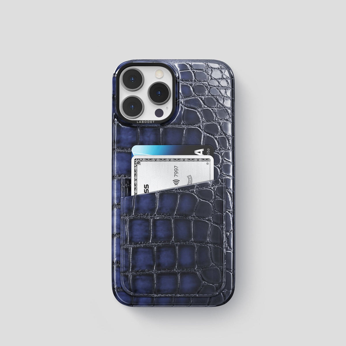 Havana-Blue iPhone 13 Pro Card Case with Black Metal -1 | Havana-Blue-Black