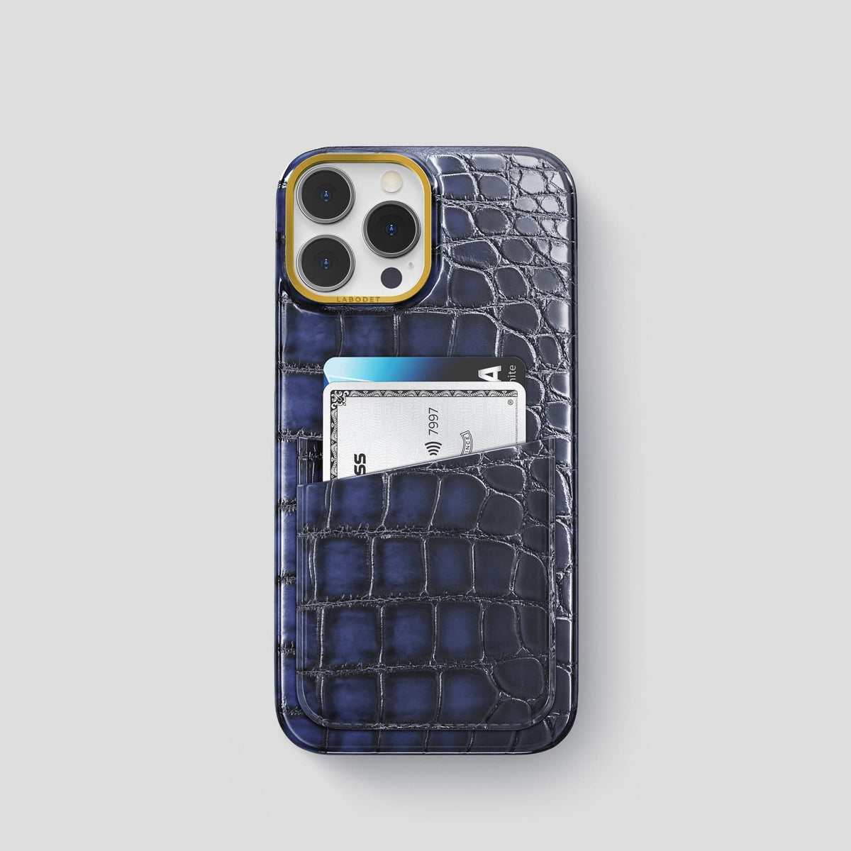 Havana-Blue iPhone 13 Pro Card Case with Gold Metal -1 | Havana-Blue-Gold