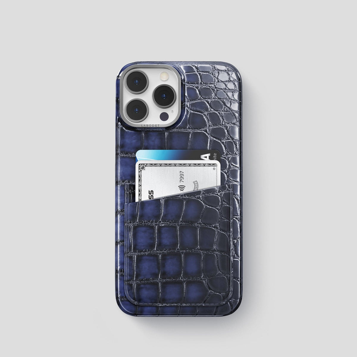 Havana-Blue iPhone 13 Pro Card Case with Steel Metal -1 | Havana-Blue-Steel
