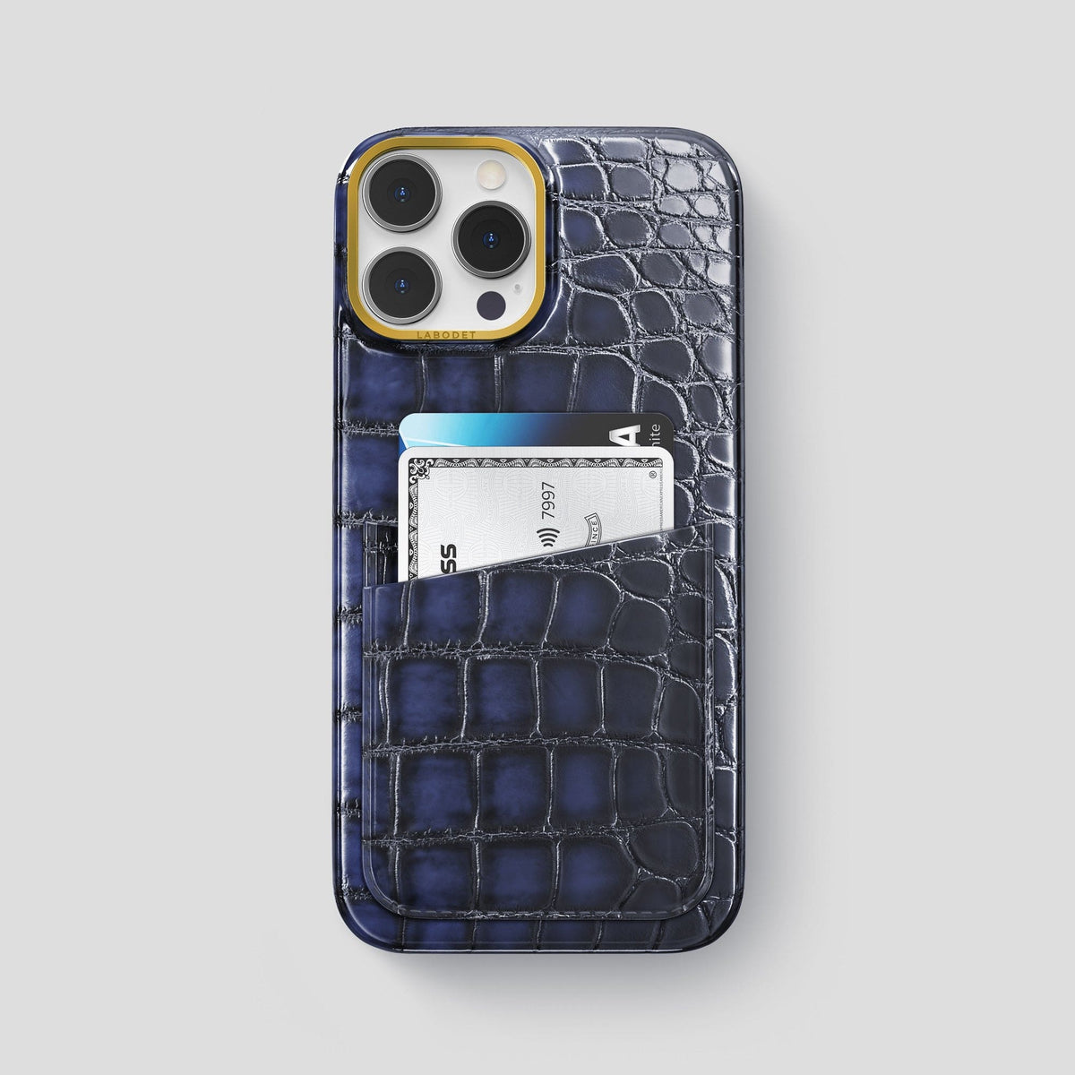 Havana-Blue iPhone 13 Pro Max Card Case with Gold Metal -1 | Havana-Blue-Gold