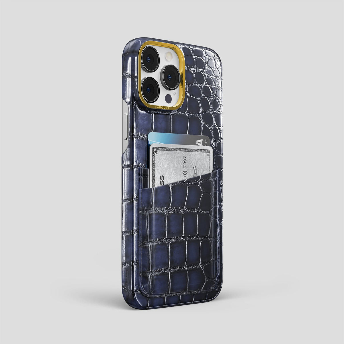 Havana-Blue iPhone 13 Pro Max Card Case with Gold Metal -2 | Havana-Blue-Gold