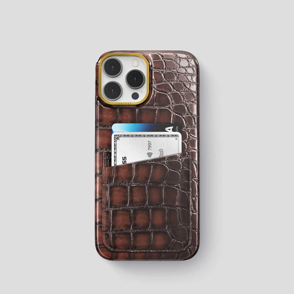 Havana-Brown iPhone 13 Pro Card Case with Gold Metal -1 | Havana-Brown-Gold