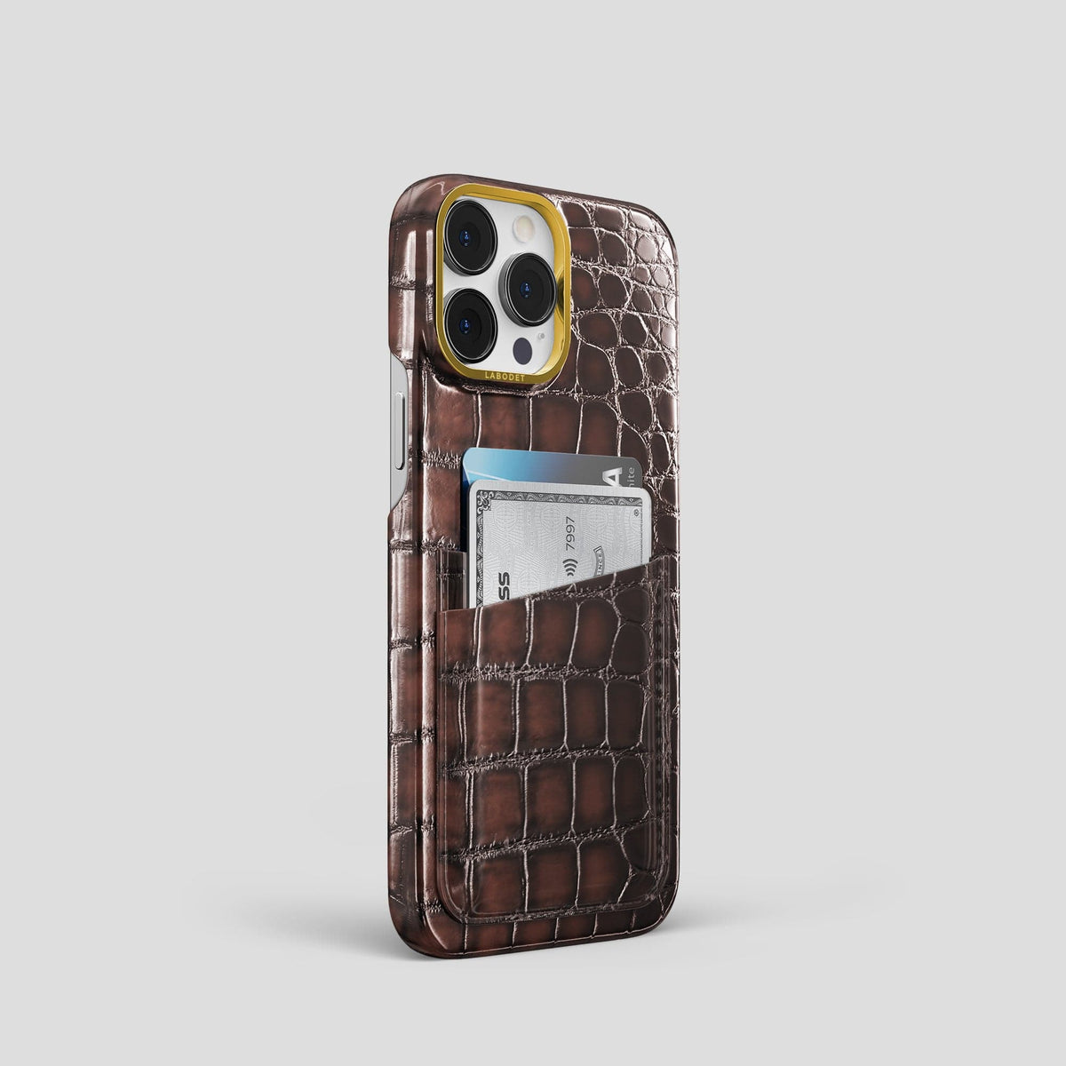 Havana-Brown iPhone 13 Pro Card Case with Gold Metal -2 | Havana-Brown-Gold