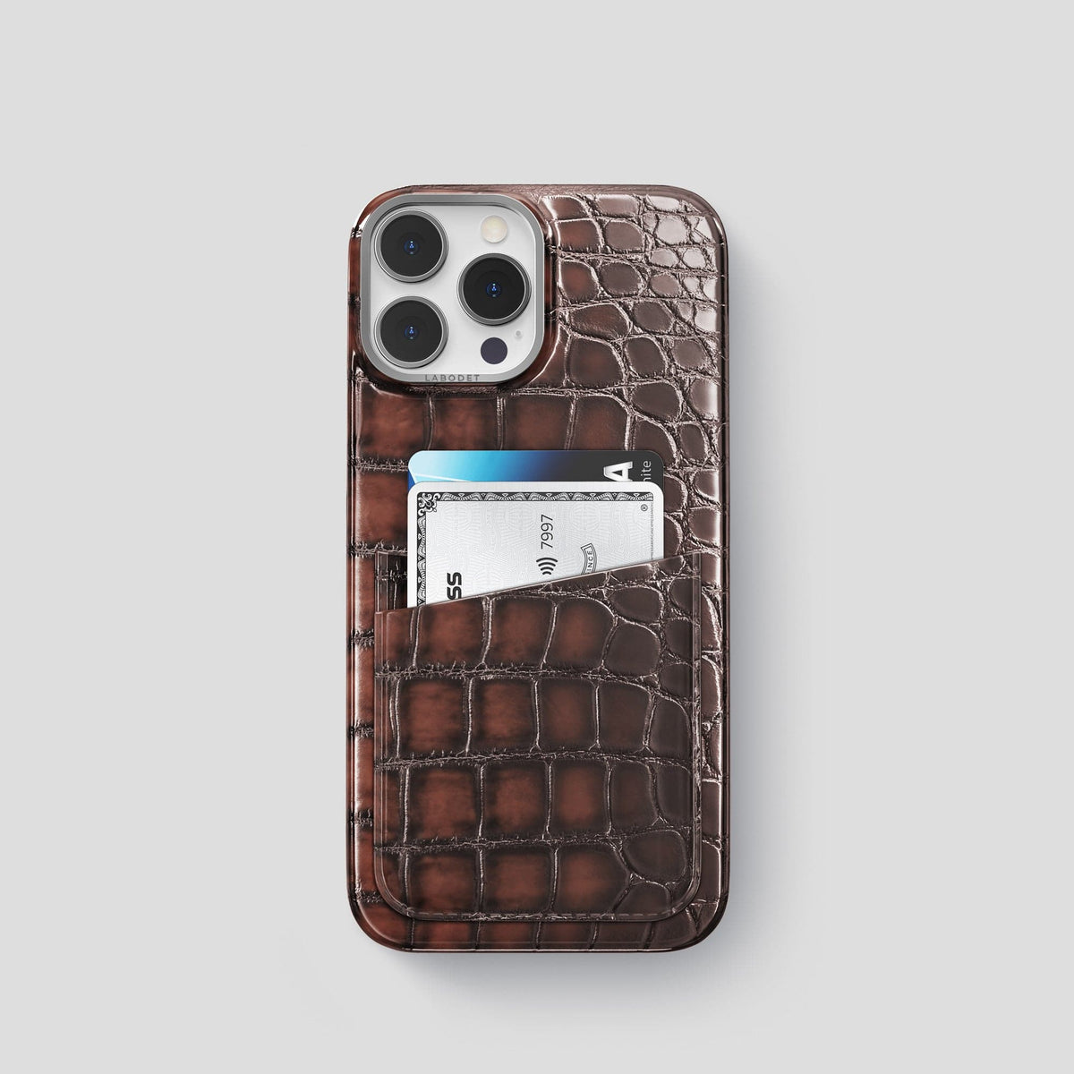 Havana-Brown iPhone 13 Pro Card Case with Steel Metal -1 | Havana-Brown-Steel