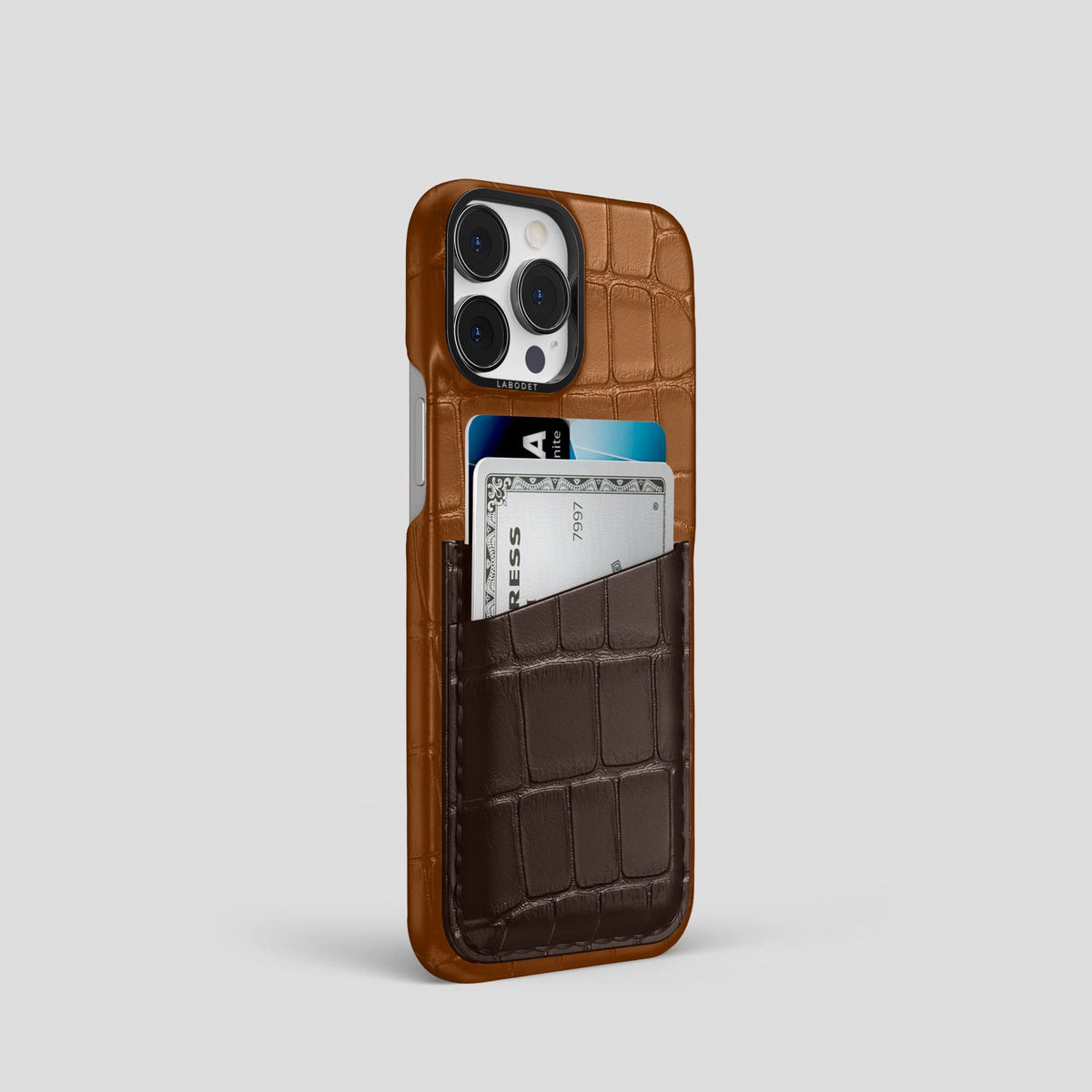 Honey-Dark-Brown iPhone 13 Pro Card Case Alligator with Black Metal -2 | Honey-Dark-Brown-Black