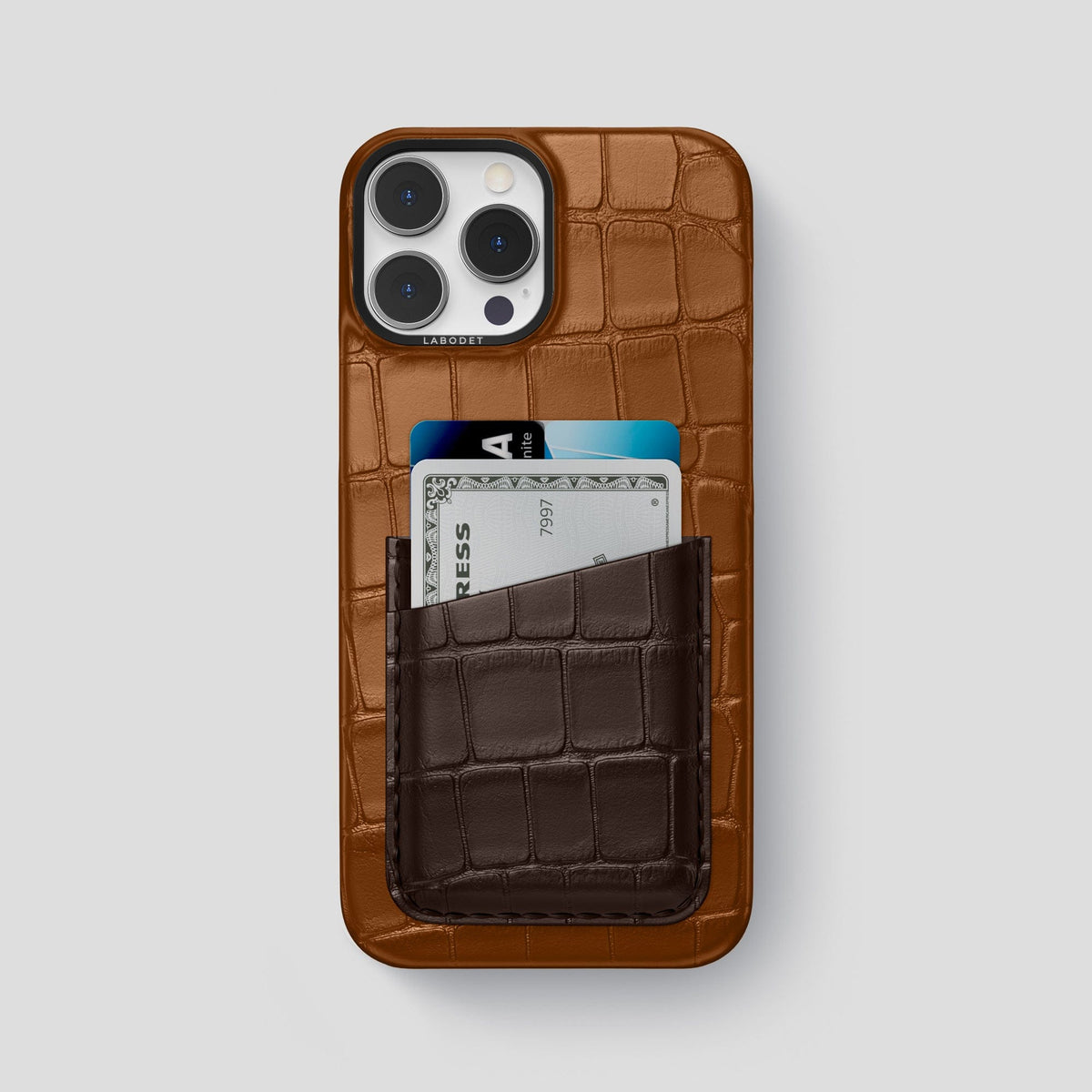 Honey-Dark-Brown iPhone 13 Pro Max Card Case Alligator with Black Metal -1 | Honey-Dark-Brown-Black