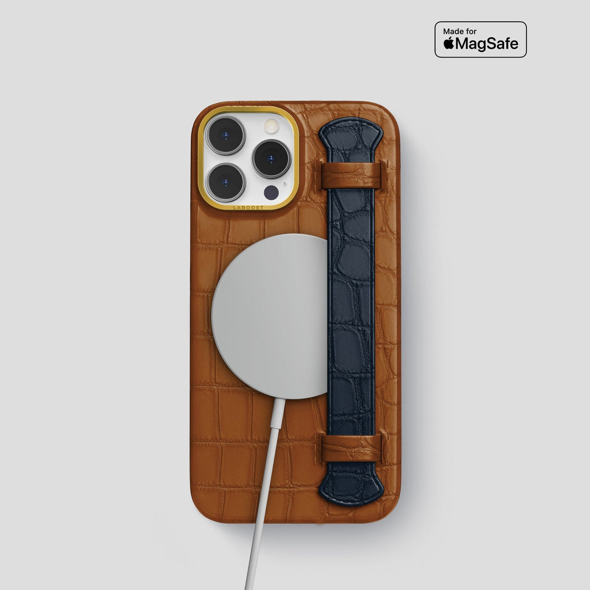 Honey-Navy-Blue iPhone 13 Pro Strap Case Alligator with Gold Metal -4 | Honey-Navy-Blue-Gold