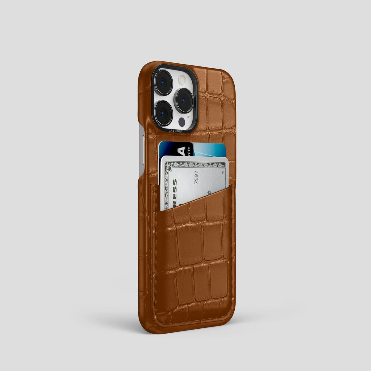 Honey iPhone 13 Pro Card Case Alligator with Black Metal -2 | Honey-Black