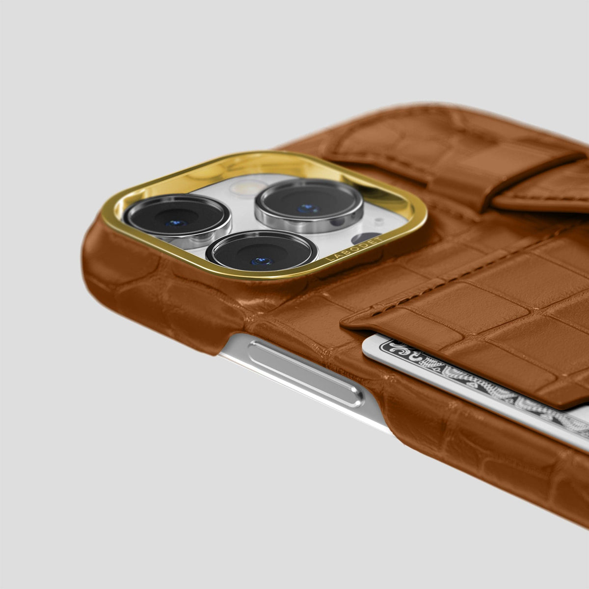 Honey iPhone 13 Pro Cardholder Strap Case Alligator with Gold Metal -5 | Honey-Gold