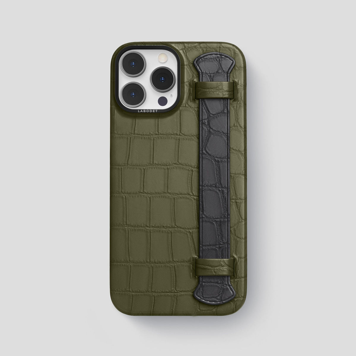 Kaki-Green-Grey iPhone 13 Pro Max Strap Case Alligator with Black Metal -1 | Kaki-Green-Grey-Black