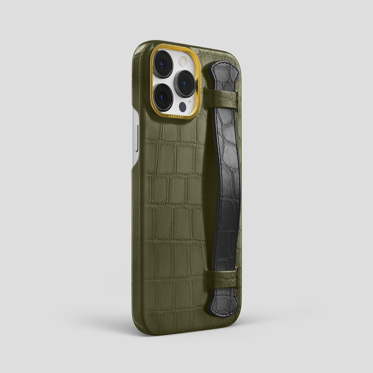 Kaki-Green-Grey iPhone 13 Pro Max Strap Case Alligator with Gold Metal -2 | Kaki-Green-Grey-Gold