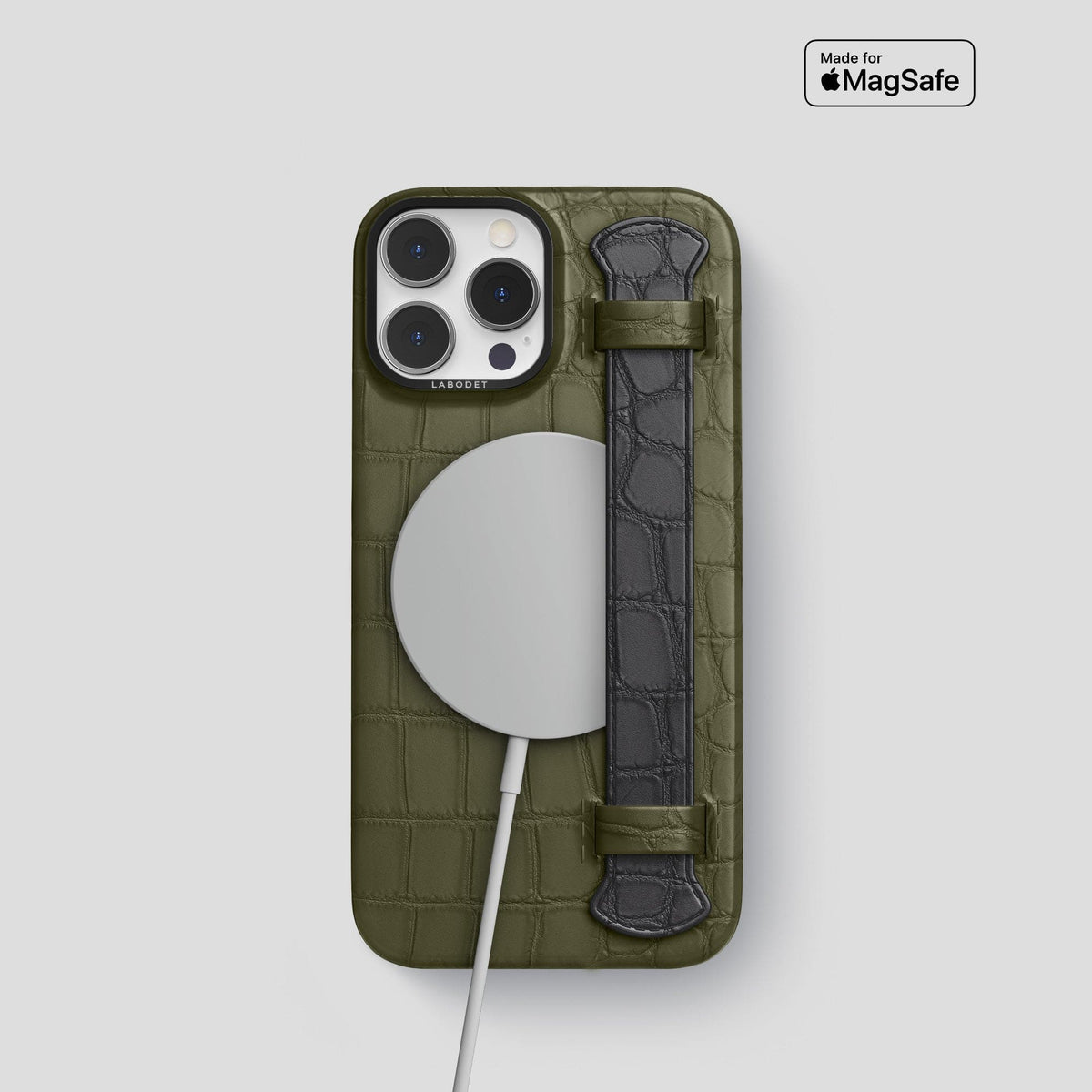 Kaki-Green-Grey iPhone 13 Pro Strap Case Alligator with Black Metal -4 | Kaki-Green-Grey-Black