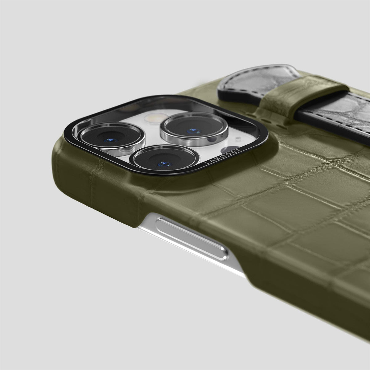 Kaki-Green-Grey iPhone 13 Pro Strap Case Alligator with Black Metal -5 | Kaki-Green-Grey-Black