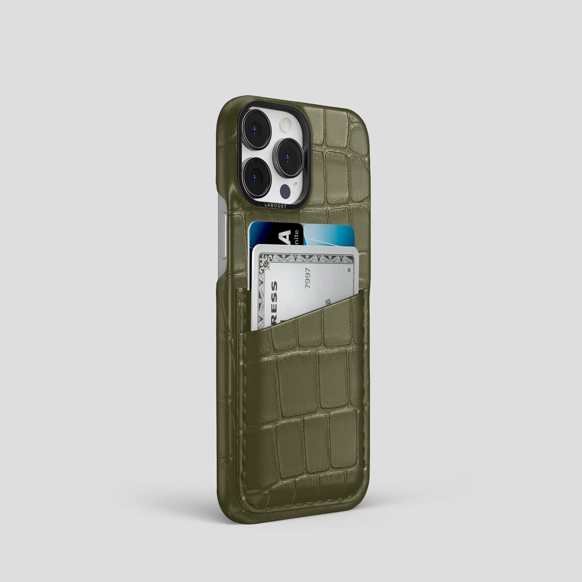 Kaki-Green iPhone 13 Pro Card Case Alligator with Black Metal -2 | Kaki-Green-Black