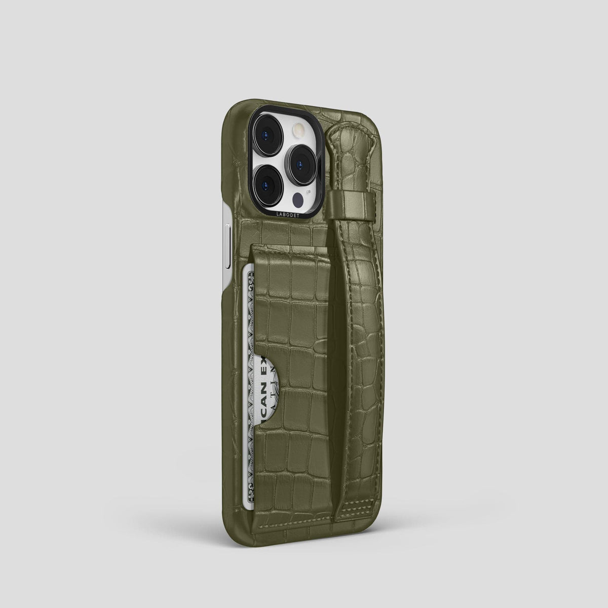 Kaki-Green iPhone 13 Pro Cardholder Strap Case Alligator with Black Metal -2 | Kaki-Green-Black