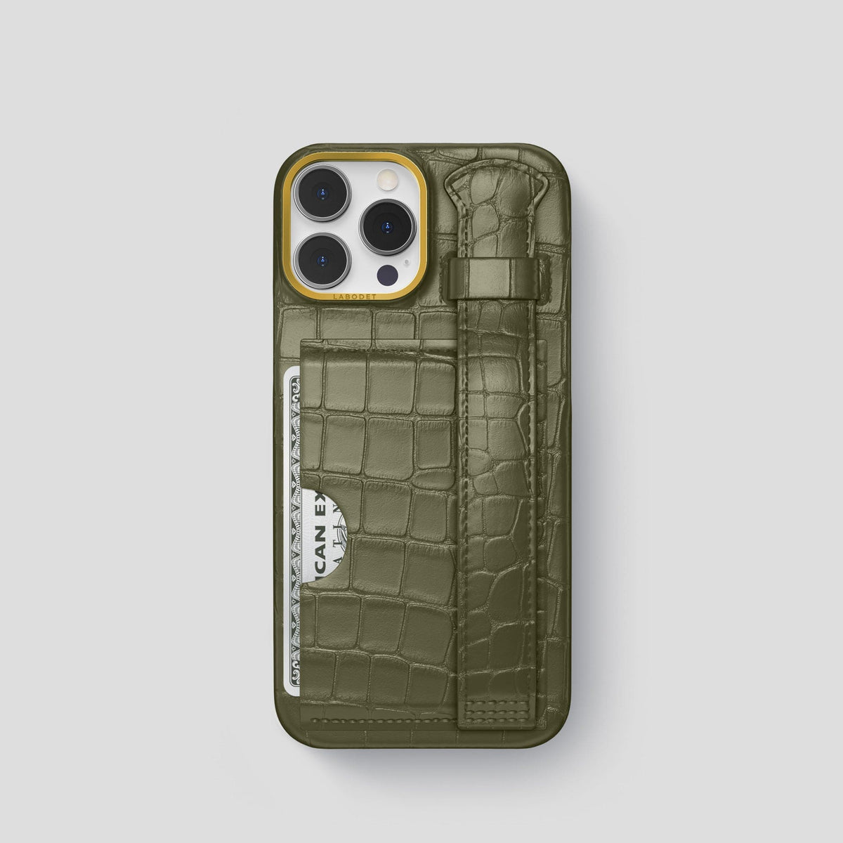 Kaki-Green iPhone 13 Pro Cardholder Strap Case Alligator with Gold Metal -1 | Kaki-Green-Gold