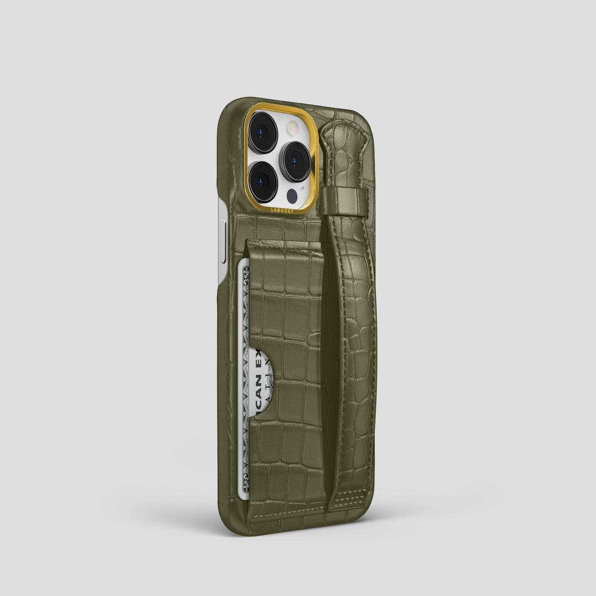 Kaki-Green iPhone 13 Pro Cardholder Strap Case Alligator with Gold Metal -2 | Kaki-Green-Gold
