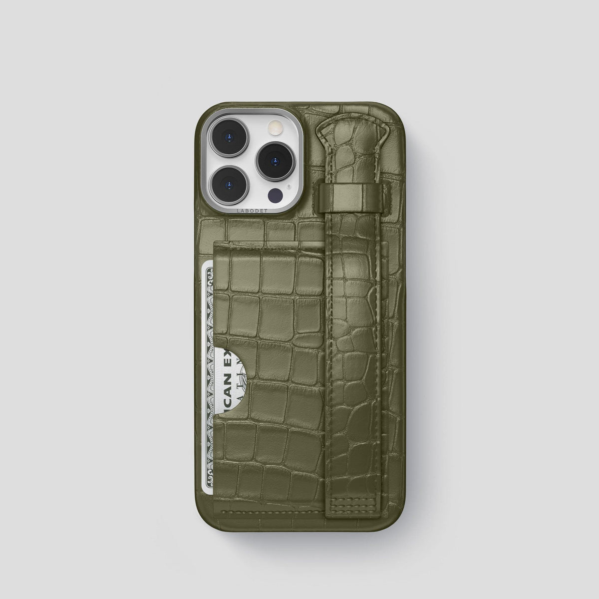 Kaki-Green iPhone 13 Pro Cardholder Strap Case Alligator with Steel Metal -1 | Kaki-Green-Steel