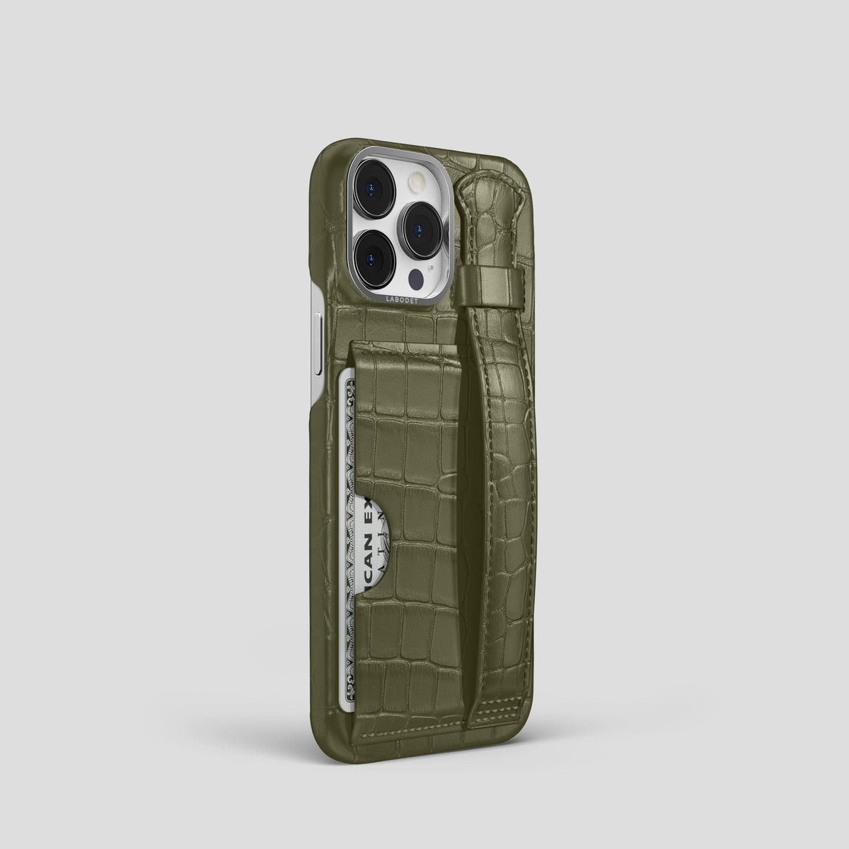 Kaki-Green iPhone 13 Pro Cardholder Strap Case Alligator with Steel Metal -2 | Kaki-Green-Steel