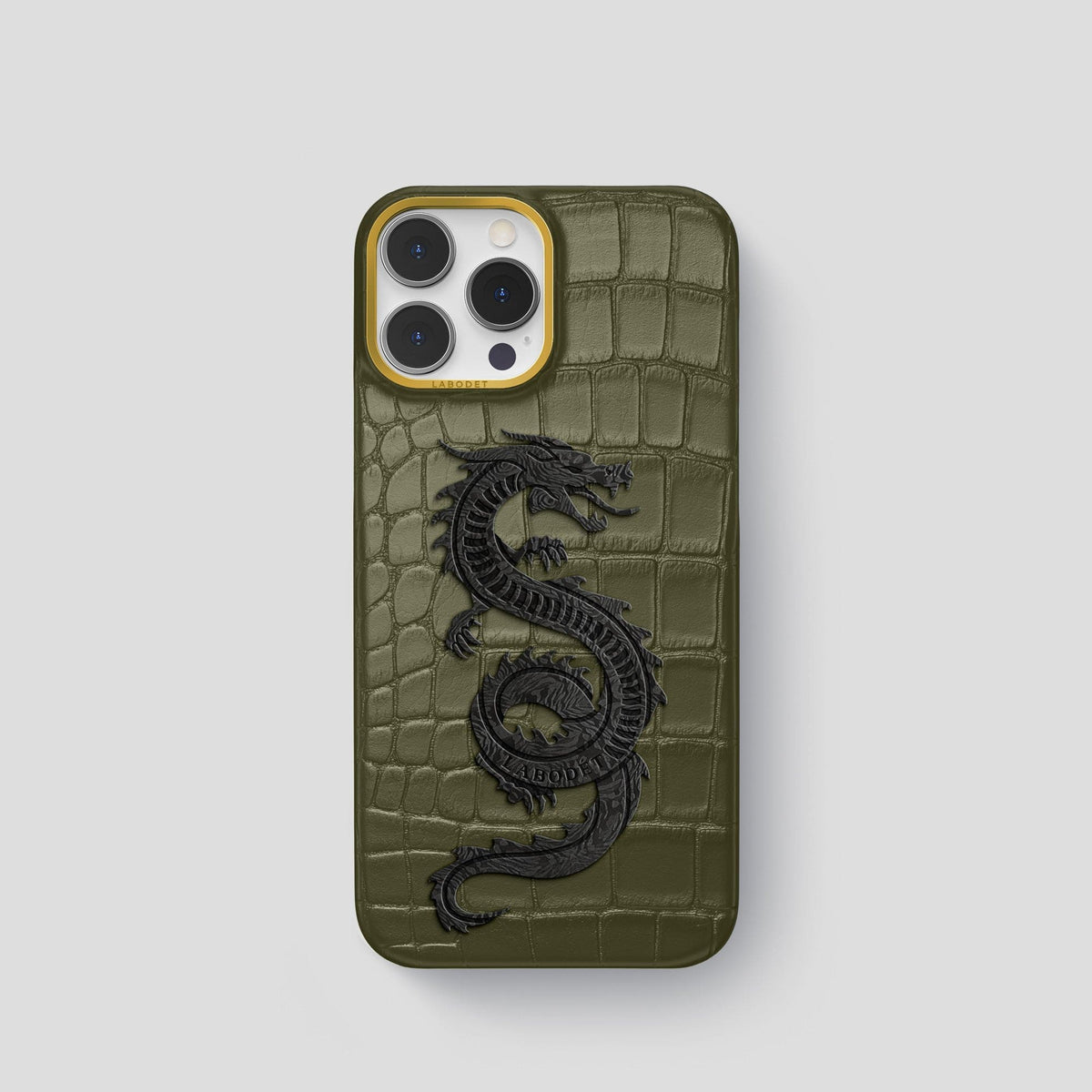 Kaki-Green iPhone 13 Pro Classic Case Alligator with Gold Metal -1 | Kaki-Green-Gold