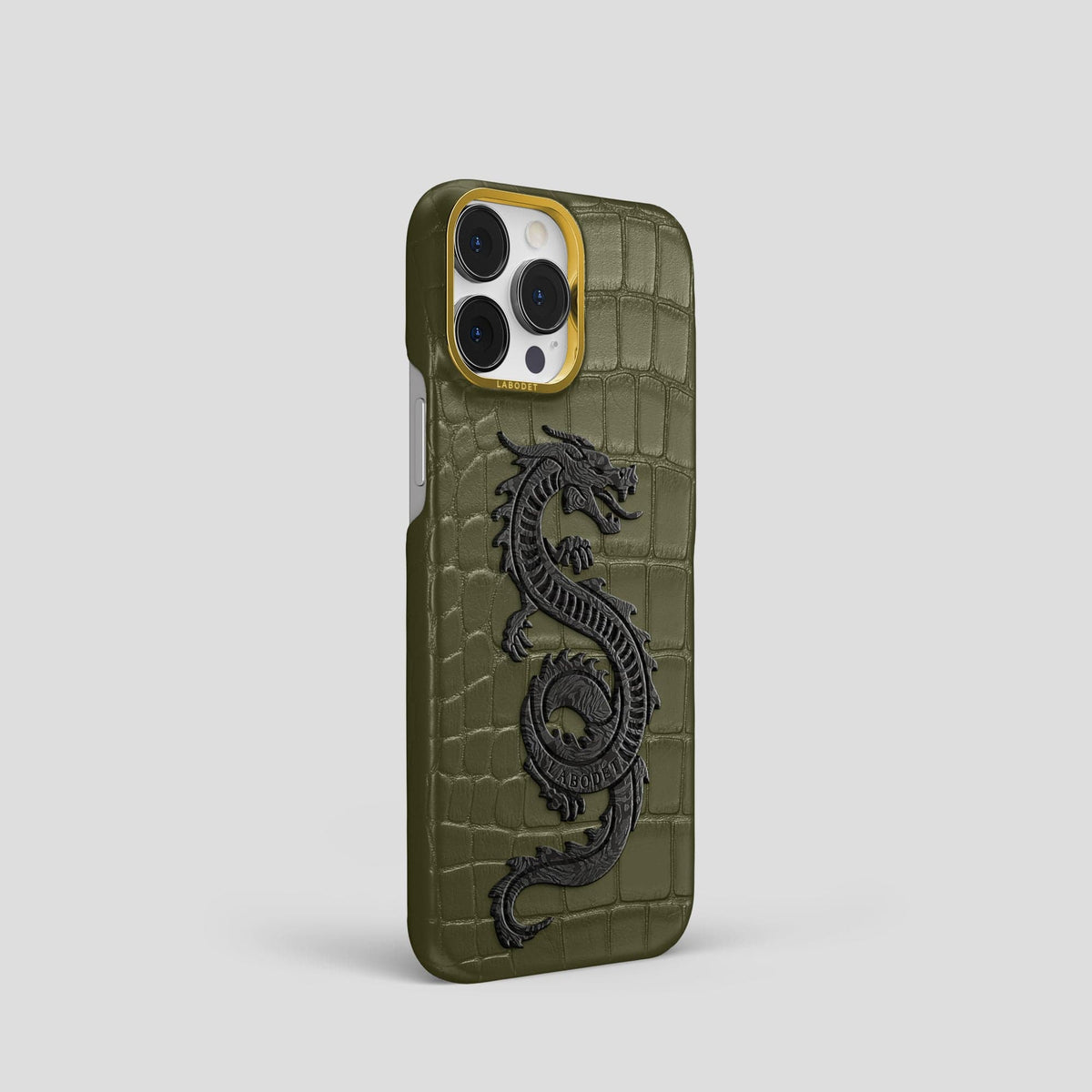 Kaki-Green iPhone 13 Pro Classic Case Alligator with Gold Metal -2 | Kaki-Green-Gold