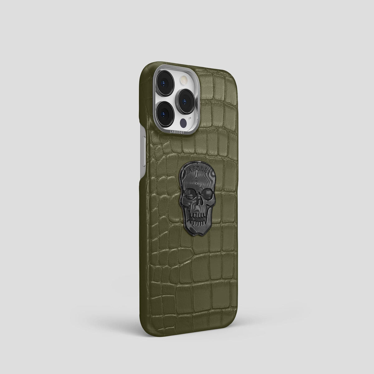 Kaki-Green iPhone 13 Pro Classic Case Alligator with Steel Metal -2 | Kaki-Green-Steel