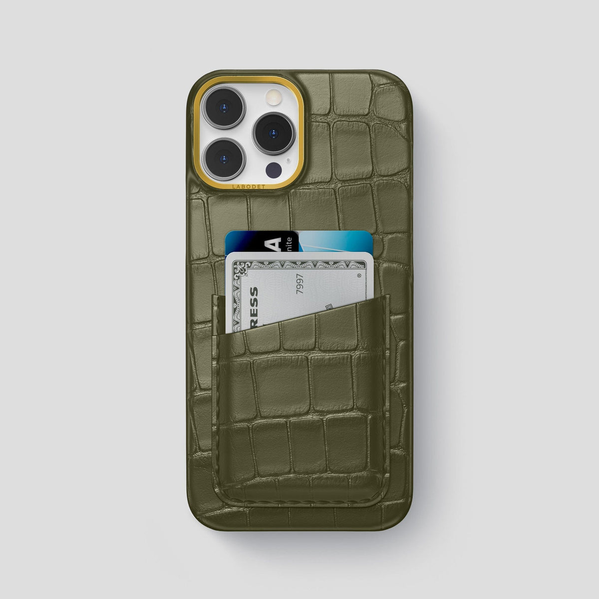 Kaki-Green iPhone 13 Pro Max Card Case Alligator with Gold Metal -1 | Kaki-Green-Gold