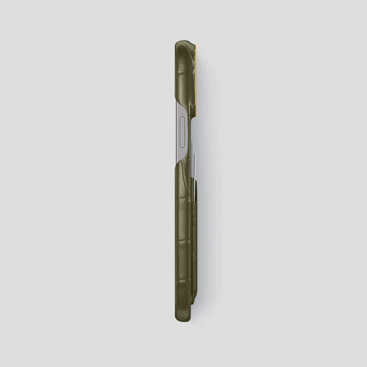 Kaki-Green iPhone 13 Pro Max Card Case Alligator with Gold Metal -3 | Kaki-Green-Gold