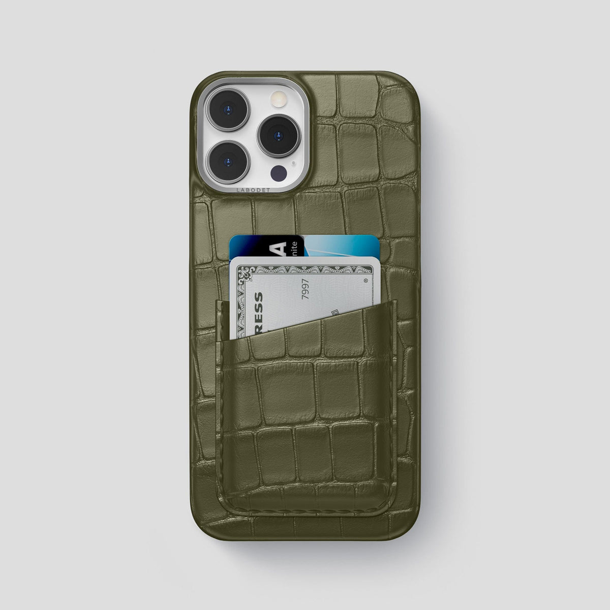 Kaki-Green iPhone 13 Pro Max Card Case Alligator with Steel Metal -1 | Kaki-Green-Steel