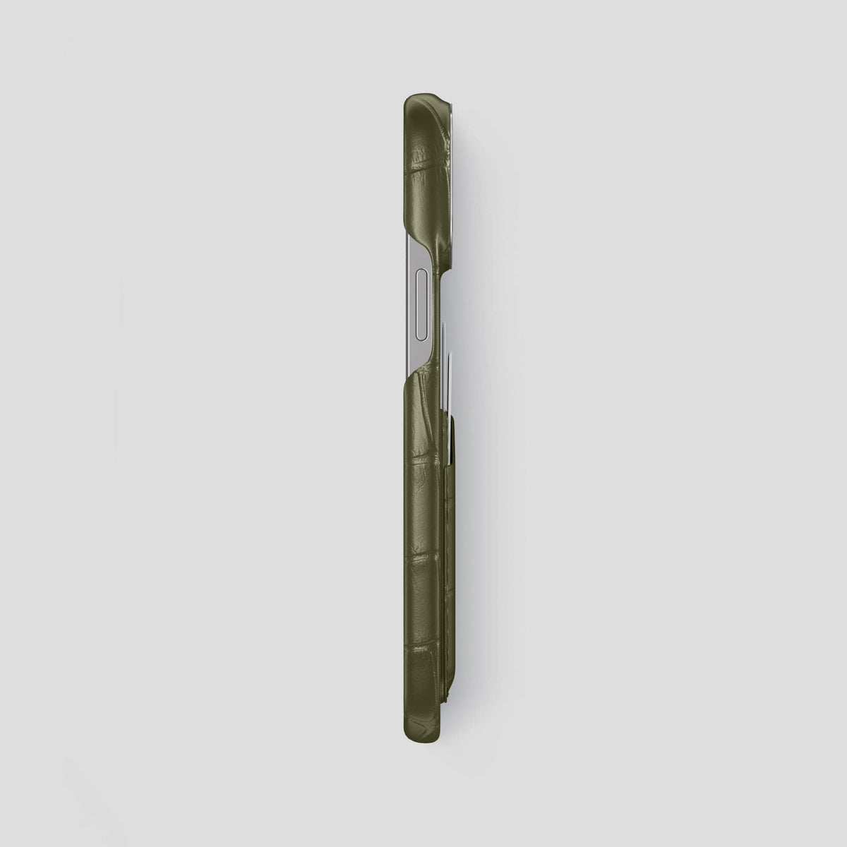 Kaki-Green iPhone 13 Pro Max Card Case Alligator with Steel Metal -3 | Kaki-Green-Steel