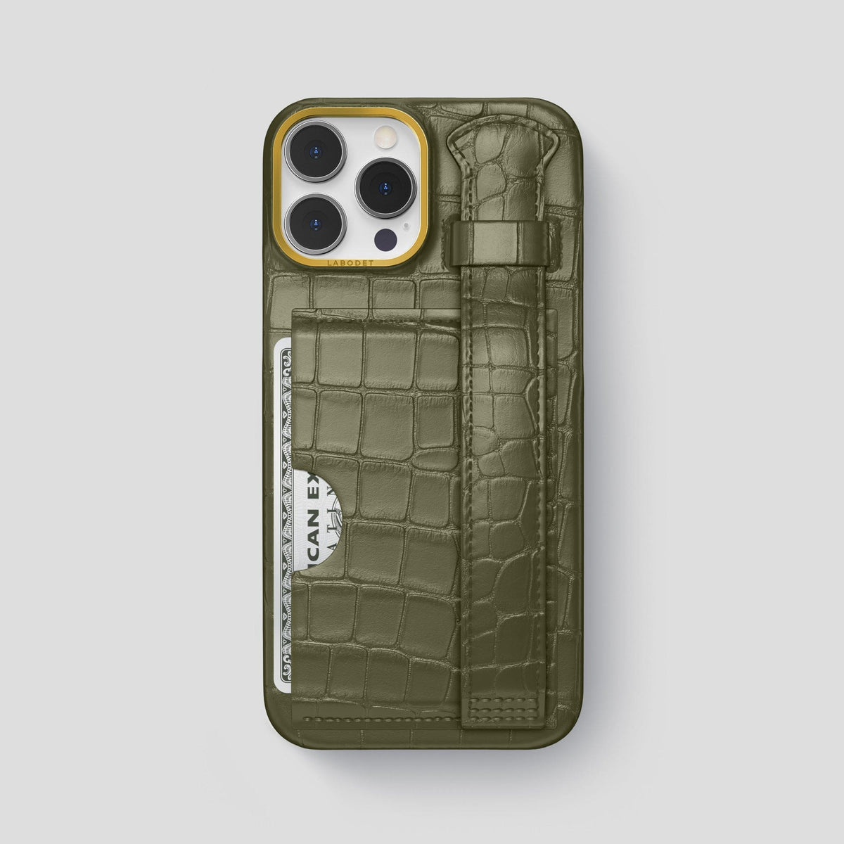 Kaki-Green iPhone 13 Pro Max Cardholder Strap Case Alligator with Gold Metal -1 | Kaki-Green-Gold