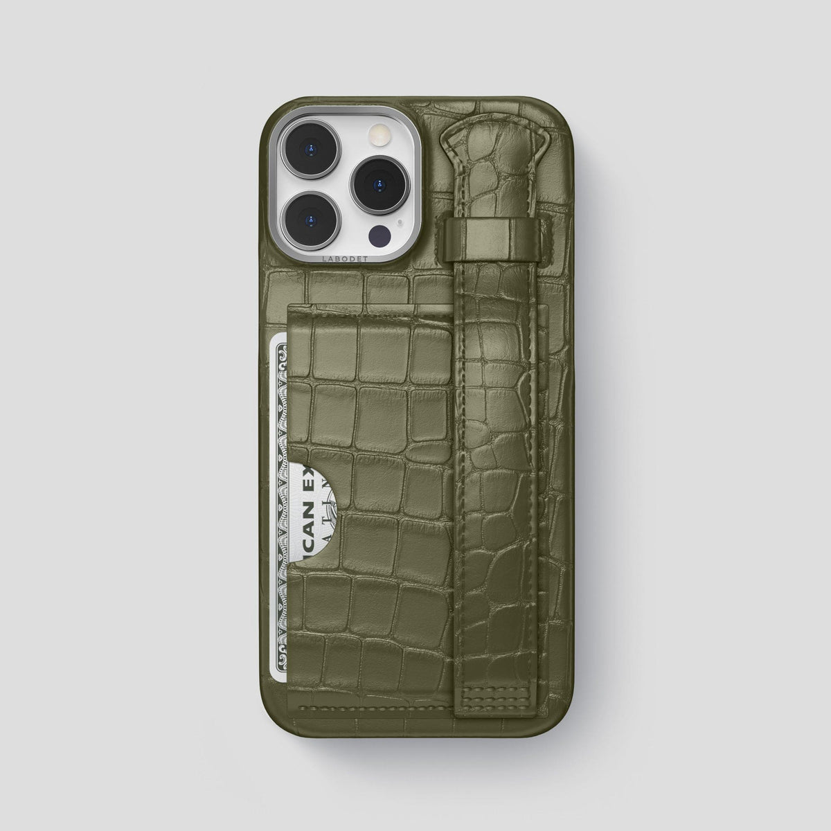 Kaki-Green iPhone 13 Pro Max Cardholder Strap Case Alligator with Steel Metal -1 | Kaki-Green-Steel