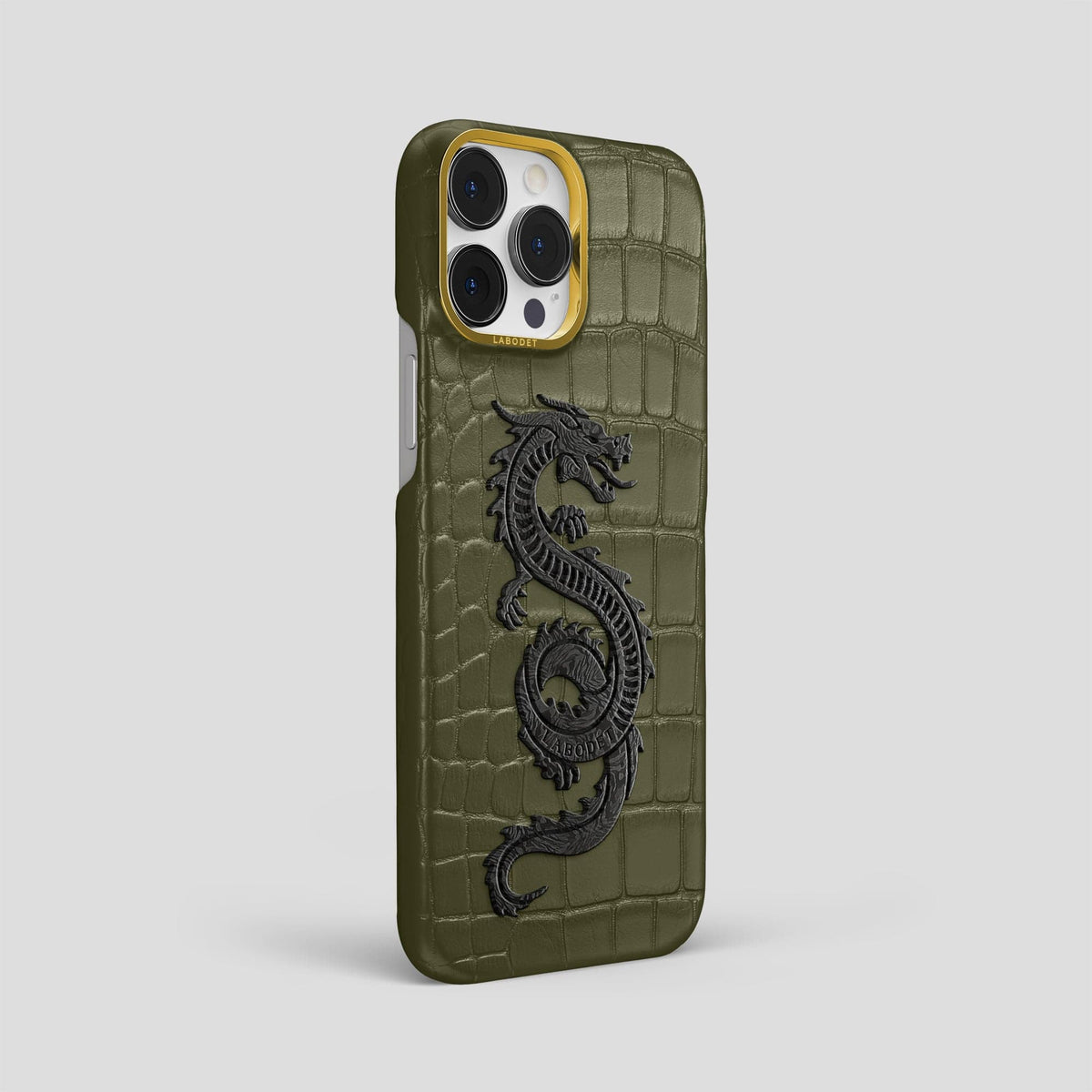 Kaki-Green iPhone 13 Pro Max Classic Case Alligator with Gold Metal -2 | Kaki-Green-Gold