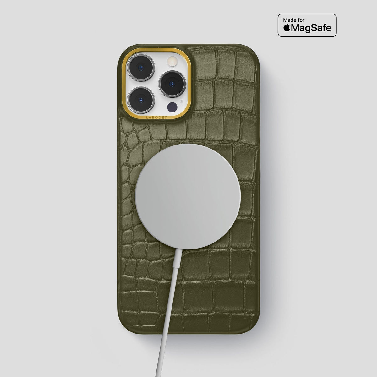Kaki-Green iPhone 13 Pro Max Classic Case Alligator with Gold Metal -4 | Kaki-Green-Gold