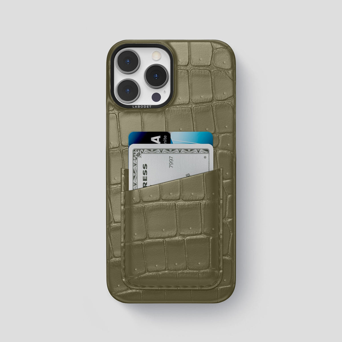 Kaki-Green iPhone 13 Pro Max Porosus Crocodile Porosus Crocodile with Black Metal -1 | Kaki-Green-Black