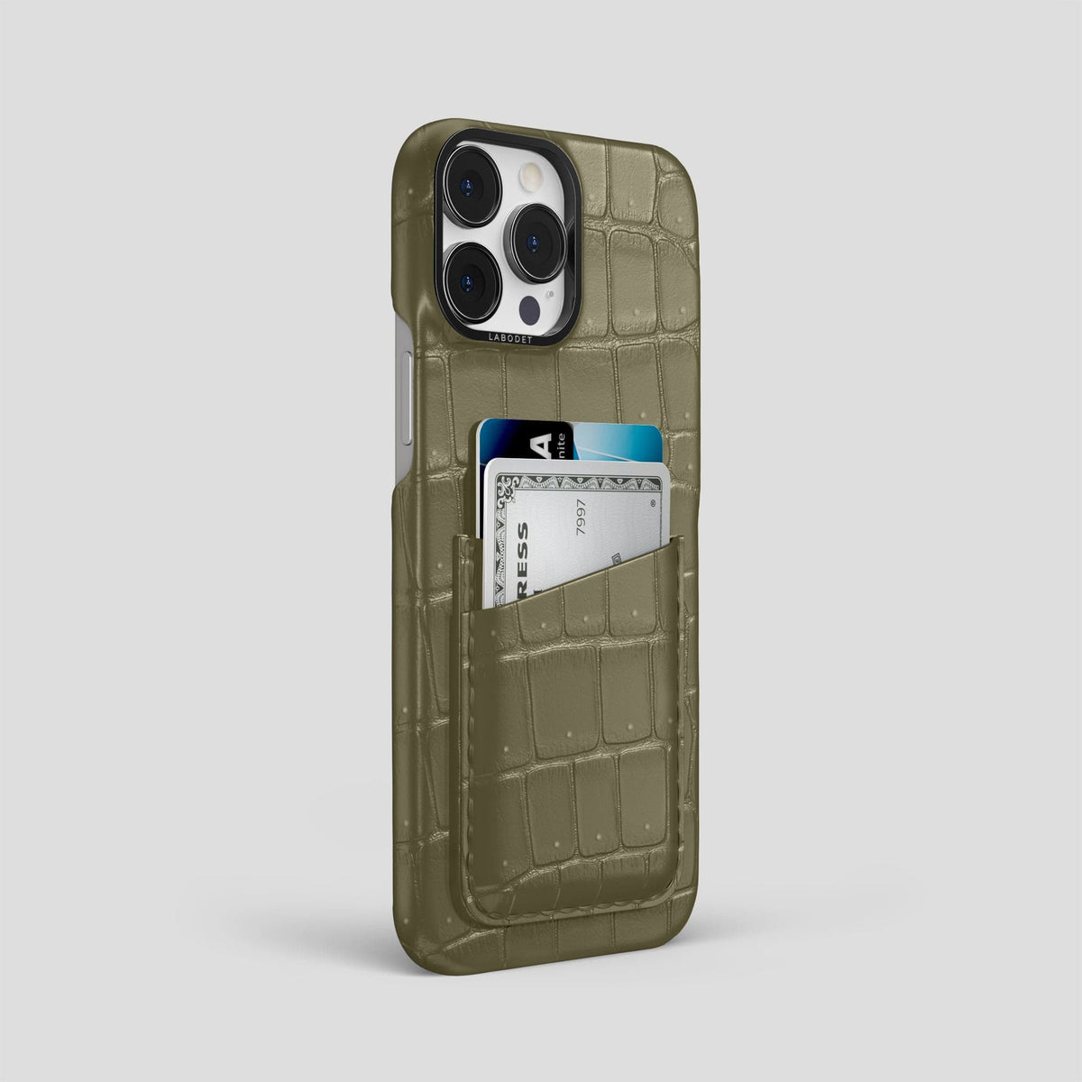 Kaki-Green iPhone 13 Pro Max Porosus Crocodile Porosus Crocodile with Black Metal -2 | Kaki-Green-Black