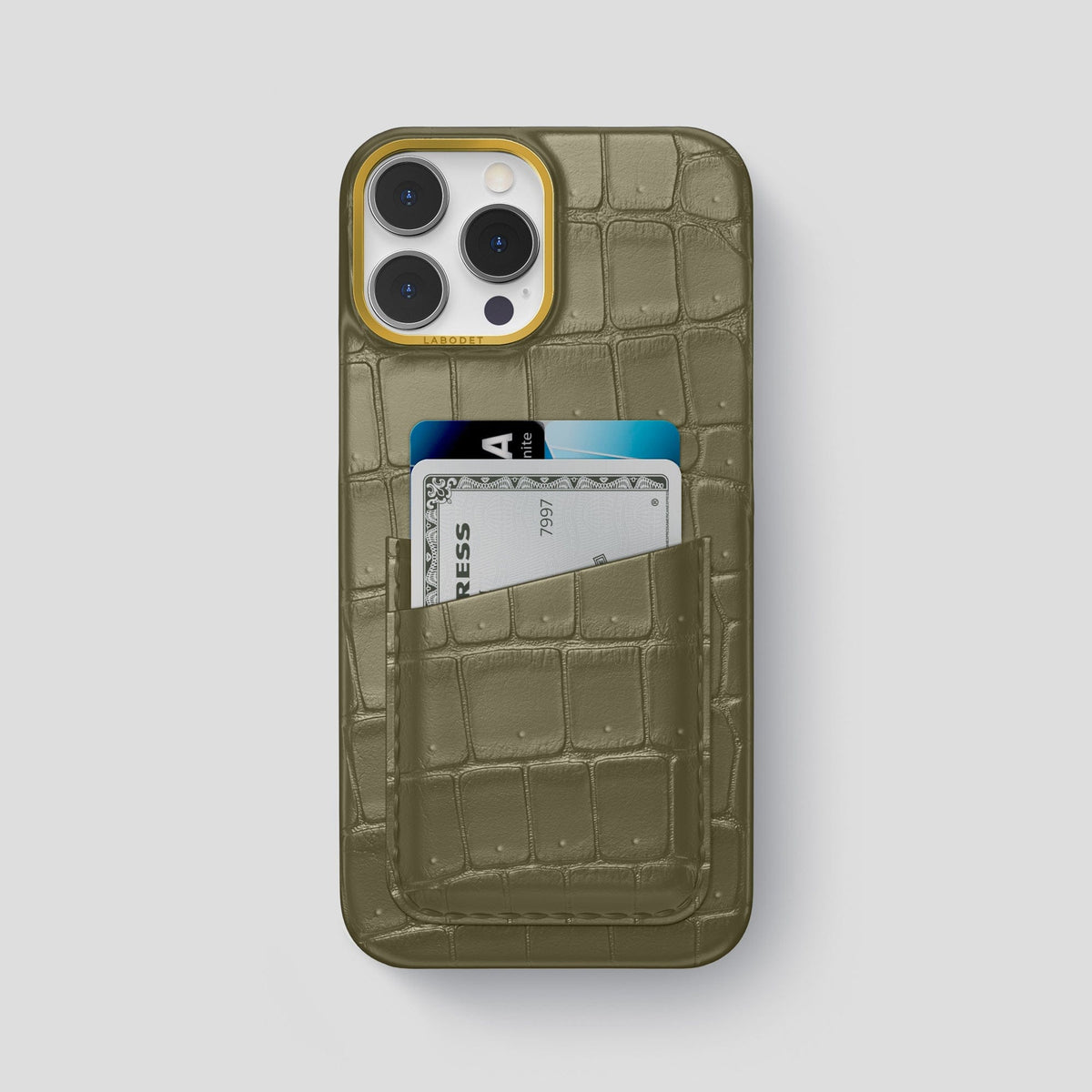 Kaki-Green iPhone 13 Pro Max Porosus Crocodile Porosus Crocodile with Gold Metal -1 | Kaki-Green-Gold
