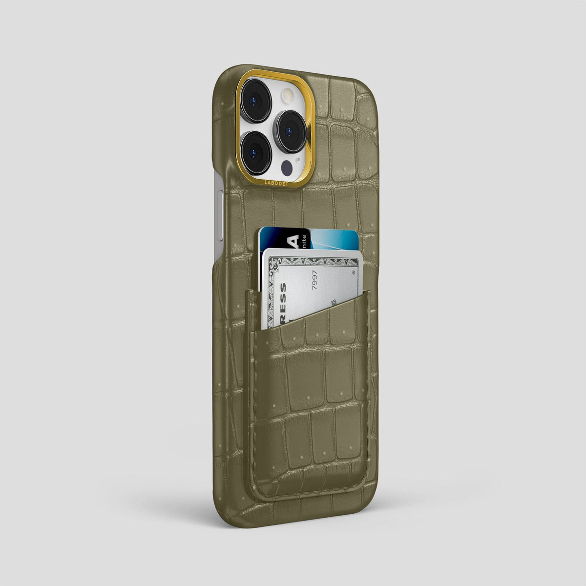 Kaki-Green iPhone 13 Pro Max Porosus Crocodile Porosus Crocodile with Gold Metal -2 | Kaki-Green-Gold