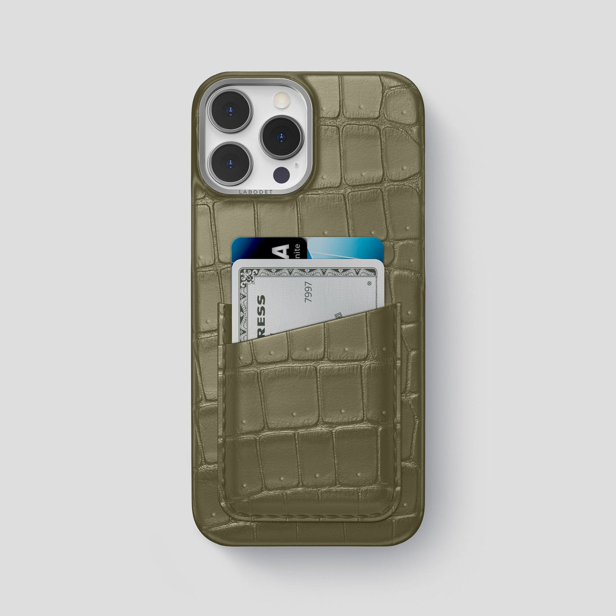 Kaki-Green iPhone 13 Pro Max Porosus Crocodile Porosus Crocodile with Steel Metal -1 | Kaki-Green-Steel
