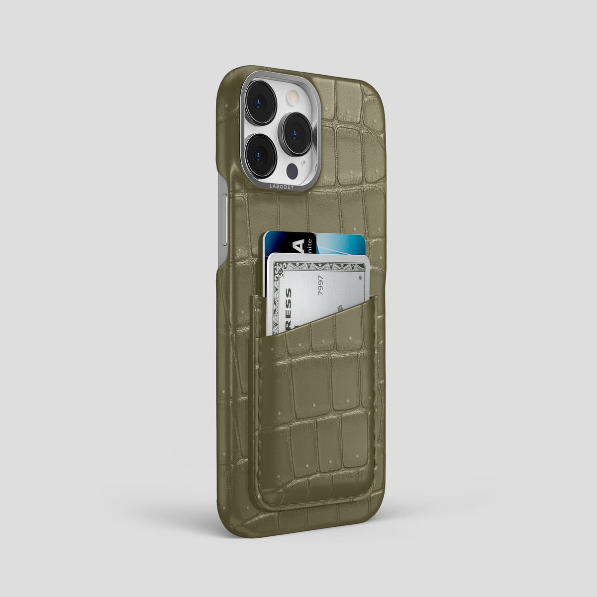 Kaki-Green iPhone 13 Pro Max Porosus Crocodile Porosus Crocodile with Steel Metal -2 | Kaki-Green-Steel