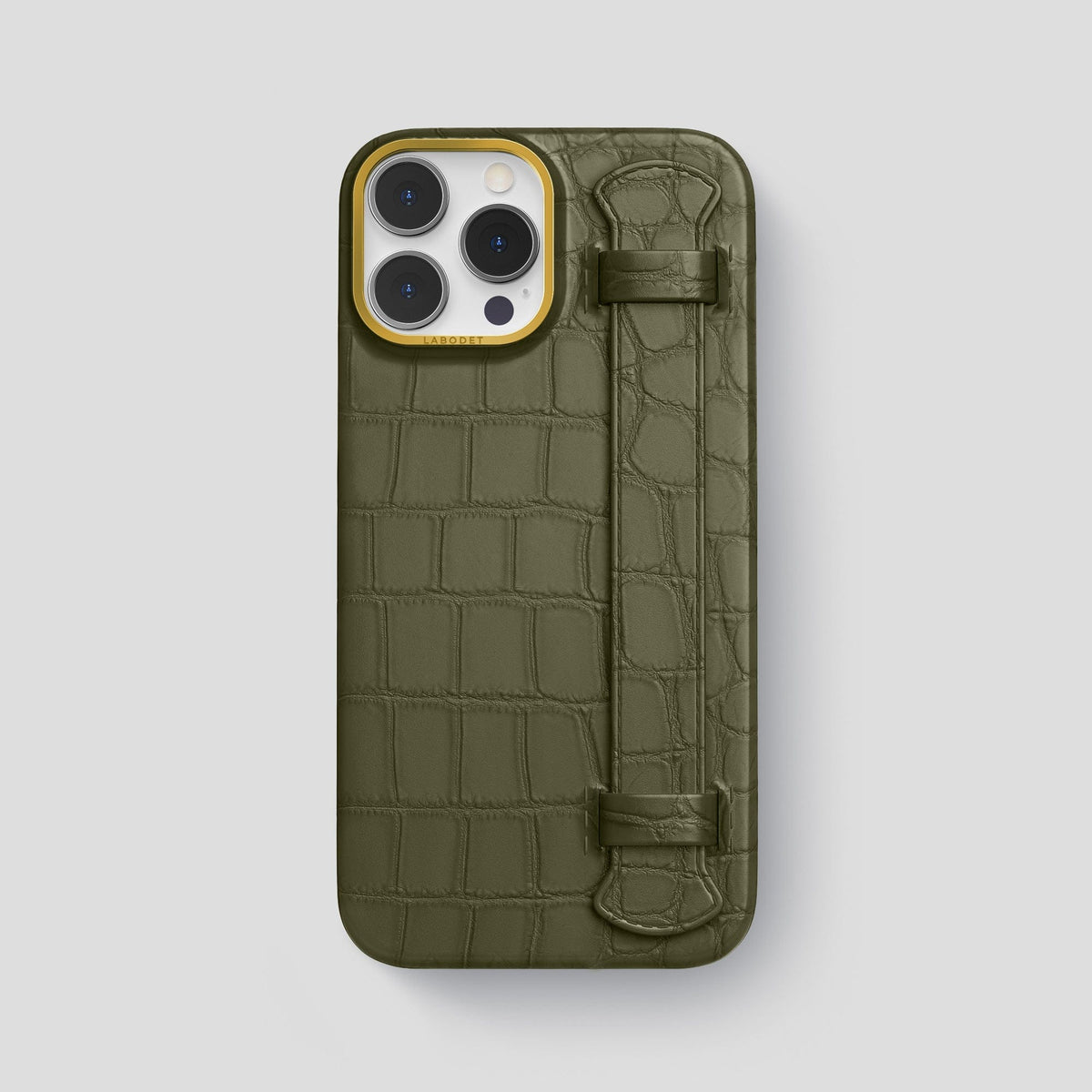 Kaki-Green iPhone 13 Pro Max Strap Case Alligator with Gold Metal -1 | Kaki-Green-Gold