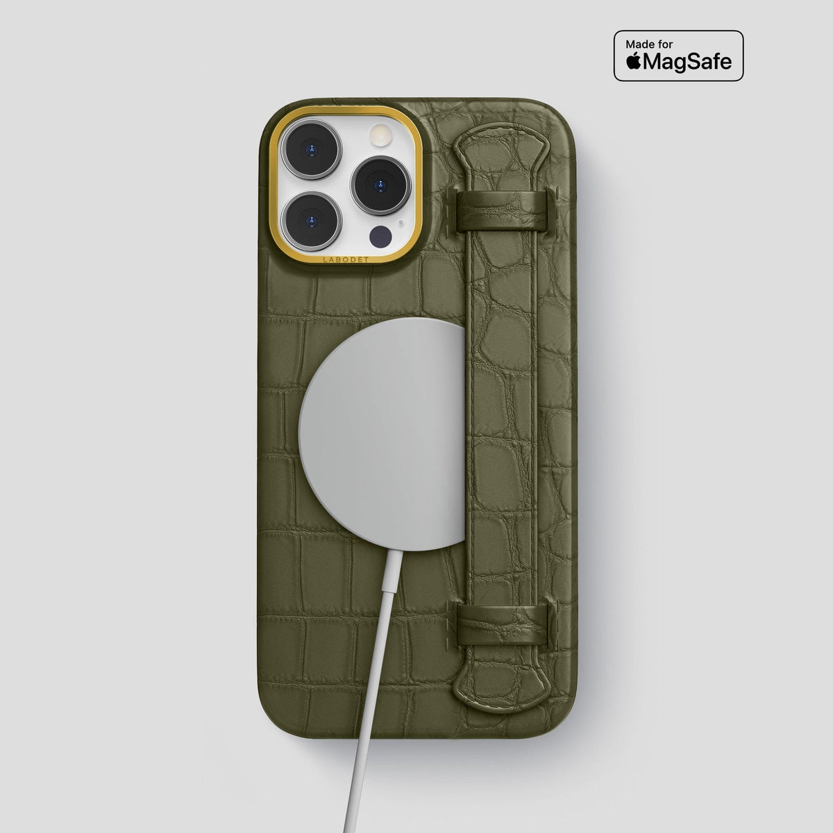 Kaki-Green iPhone 13 Pro Max Strap Case Alligator with Gold Metal -4 | Kaki-Green-Gold