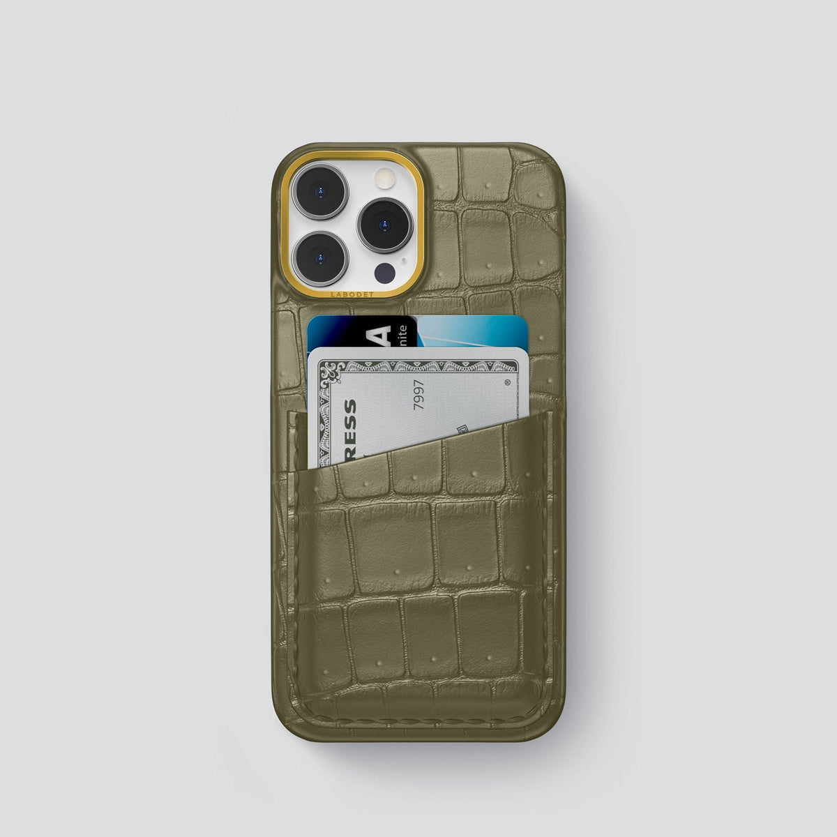 Kaki-Green iPhone 13 Pro Porosus Crocodile Porosus Crocodile with Gold Metal -1 | Kaki-Green-Gold