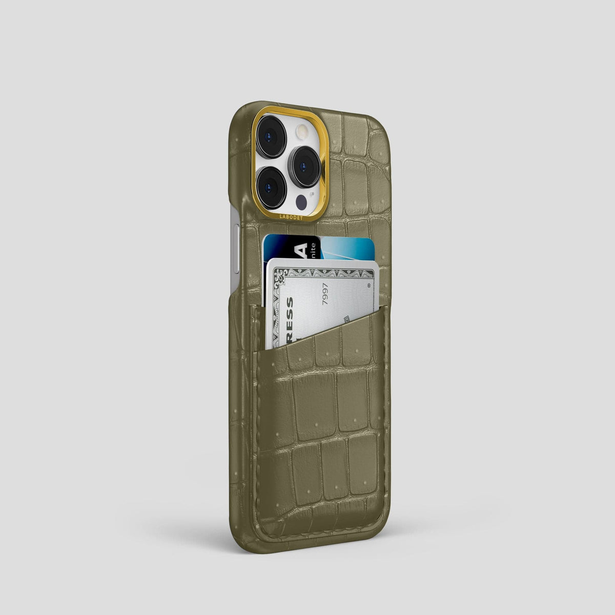 Kaki-Green iPhone 13 Pro Porosus Crocodile Porosus Crocodile with Gold Metal -2 | Kaki-Green-Gold